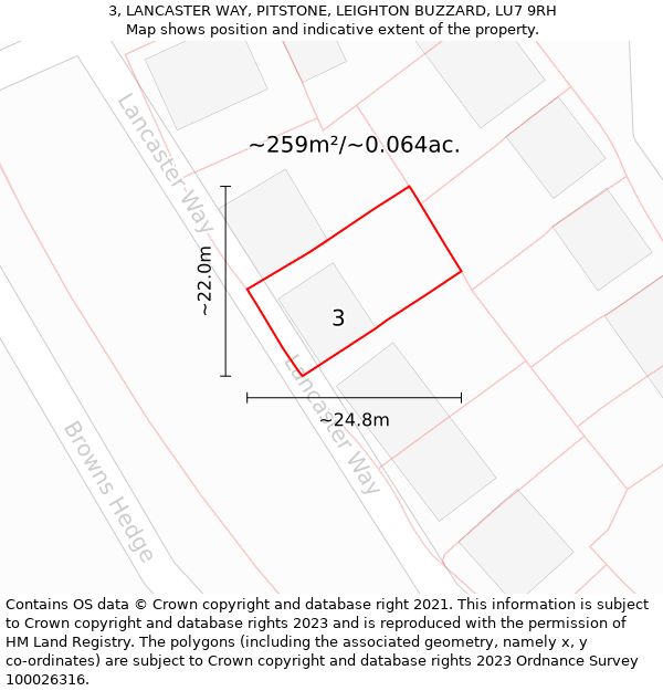 3, LANCASTER WAY, PITSTONE, LEIGHTON BUZZARD, LU7 9RH: Plot and title map