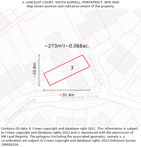 3, LANCELOT COURT, SOUTH ELMSALL, PONTEFRACT, WF9 2WD: Plot and title map