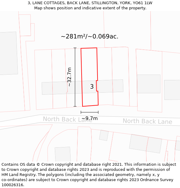 3, LANE COTTAGES, BACK LANE, STILLINGTON, YORK, YO61 1LW: Plot and title map