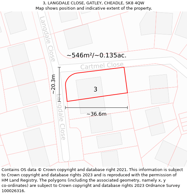 3, LANGDALE CLOSE, GATLEY, CHEADLE, SK8 4QW: Plot and title map