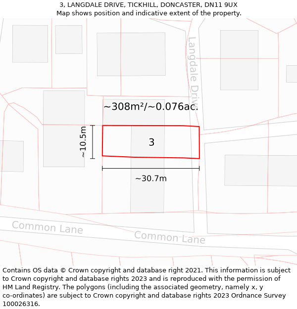 3, LANGDALE DRIVE, TICKHILL, DONCASTER, DN11 9UX: Plot and title map