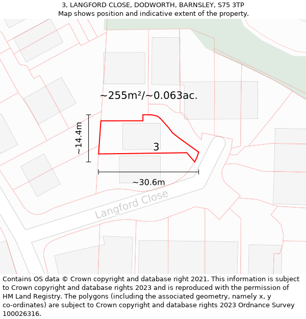 3, LANGFORD CLOSE, DODWORTH, BARNSLEY, S75 3TP: Plot and title map