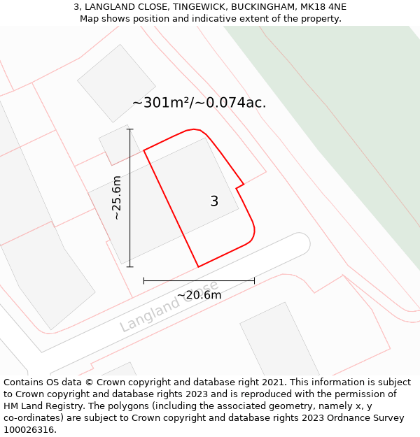 3, LANGLAND CLOSE, TINGEWICK, BUCKINGHAM, MK18 4NE: Plot and title map