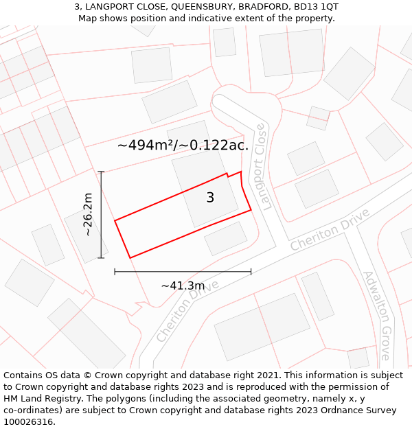 3, LANGPORT CLOSE, QUEENSBURY, BRADFORD, BD13 1QT: Plot and title map