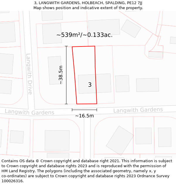 3, LANGWITH GARDENS, HOLBEACH, SPALDING, PE12 7JJ: Plot and title map