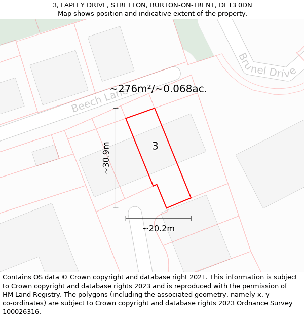 3, LAPLEY DRIVE, STRETTON, BURTON-ON-TRENT, DE13 0DN: Plot and title map