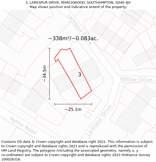 3, LARKSPUR DRIVE, MARCHWOOD, SOUTHAMPTON, SO40 4JX: Plot and title map