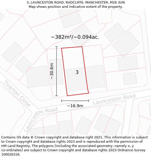 3, LAUNCESTON ROAD, RADCLIFFE, MANCHESTER, M26 3UN: Plot and title map