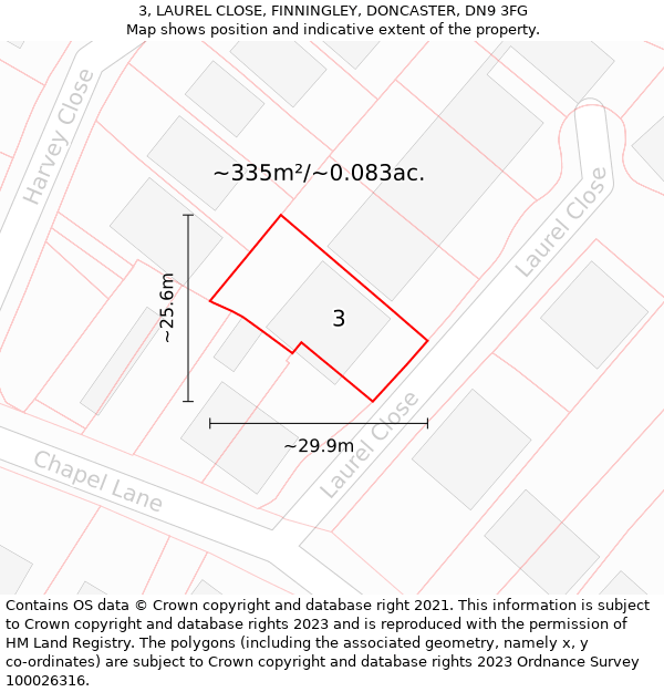 3, LAUREL CLOSE, FINNINGLEY, DONCASTER, DN9 3FG: Plot and title map