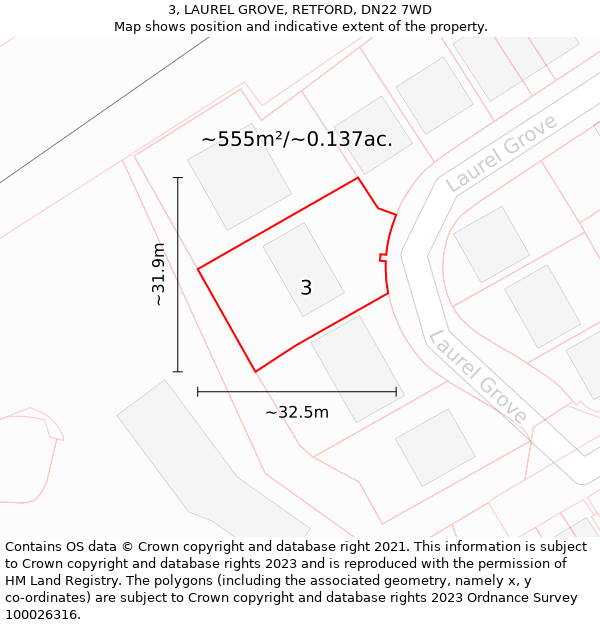 3, LAUREL GROVE, RETFORD, DN22 7WD: Plot and title map