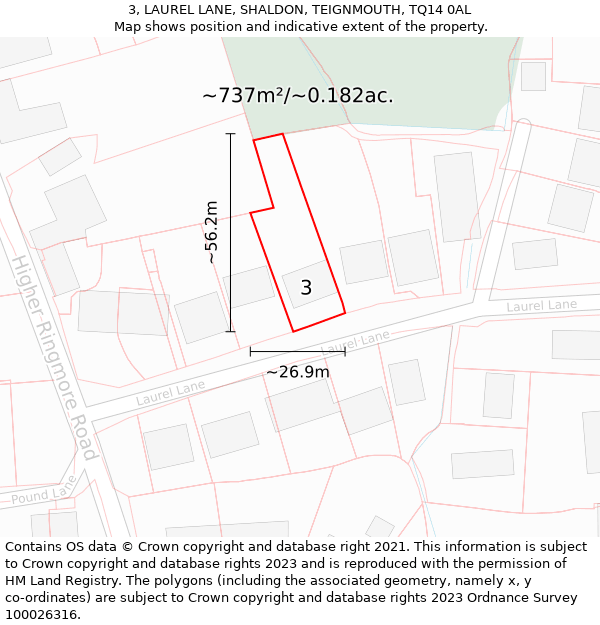 3, LAUREL LANE, SHALDON, TEIGNMOUTH, TQ14 0AL: Plot and title map