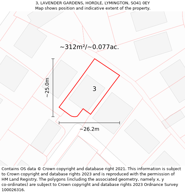 3, LAVENDER GARDENS, HORDLE, LYMINGTON, SO41 0EY: Plot and title map