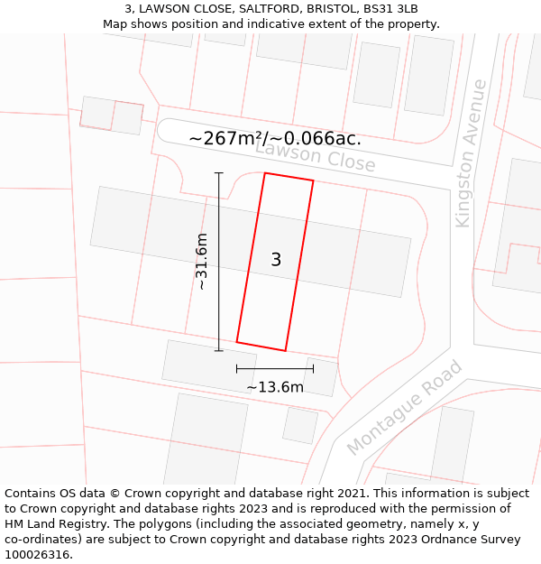 3, LAWSON CLOSE, SALTFORD, BRISTOL, BS31 3LB: Plot and title map