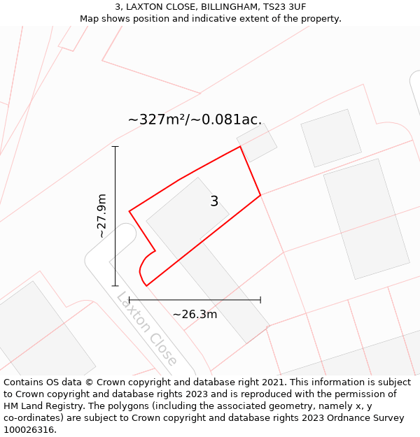 3, LAXTON CLOSE, BILLINGHAM, TS23 3UF: Plot and title map