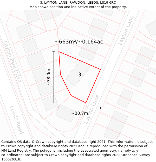 3, LAYTON LANE, RAWDON, LEEDS, LS19 6RQ: Plot and title map