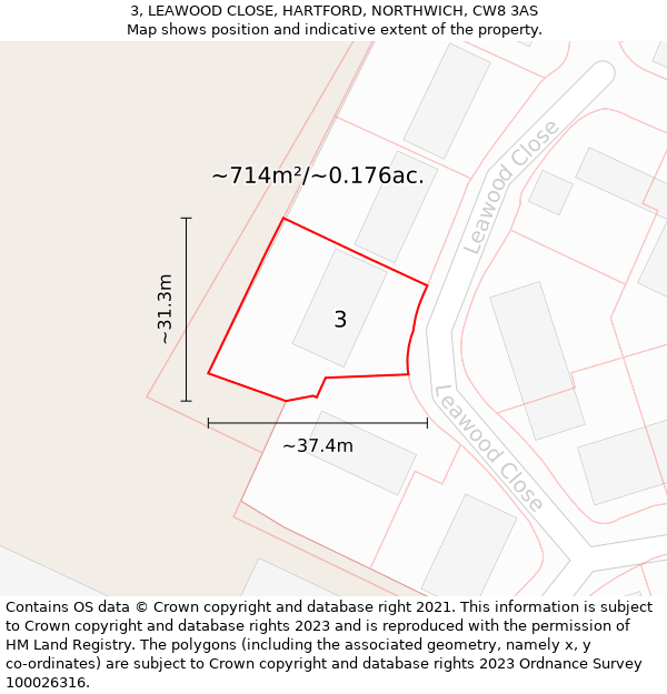 3, LEAWOOD CLOSE, HARTFORD, NORTHWICH, CW8 3AS: Plot and title map