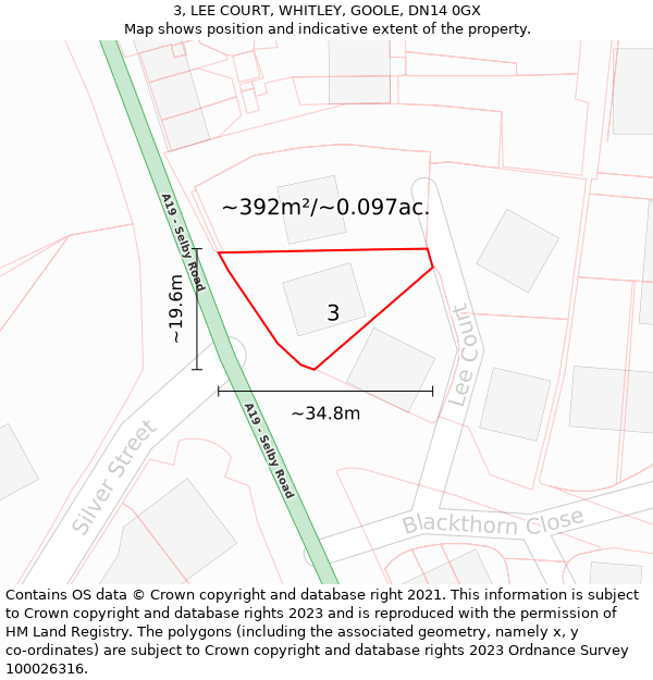 3, LEE COURT, WHITLEY, GOOLE, DN14 0GX: Plot and title map