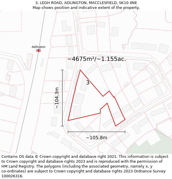 3, LEGH ROAD, ADLINGTON, MACCLESFIELD, SK10 4NE: Plot and title map