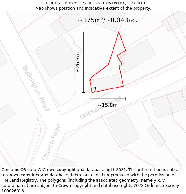 3, LEICESTER ROAD, SHILTON, COVENTRY, CV7 9HU: Plot and title map