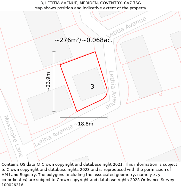 3, LETITIA AVENUE, MERIDEN, COVENTRY, CV7 7SG: Plot and title map