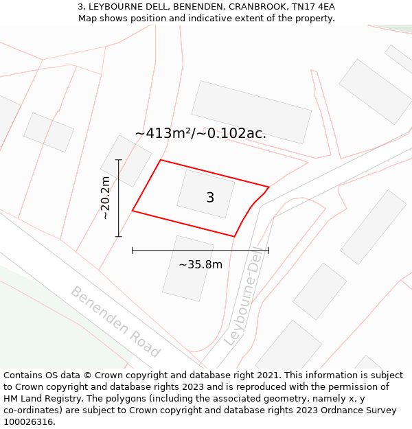 3, LEYBOURNE DELL, BENENDEN, CRANBROOK, TN17 4EA: Plot and title map