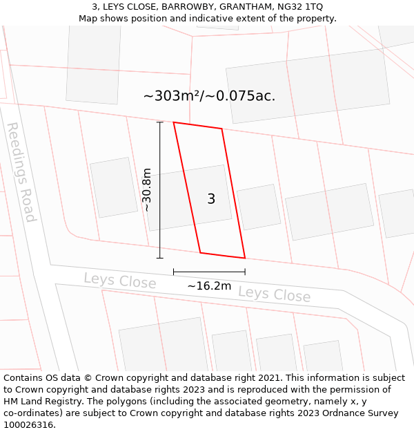 3, LEYS CLOSE, BARROWBY, GRANTHAM, NG32 1TQ: Plot and title map