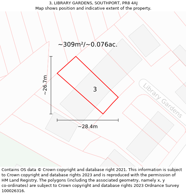 3, LIBRARY GARDENS, SOUTHPORT, PR8 4AJ: Plot and title map