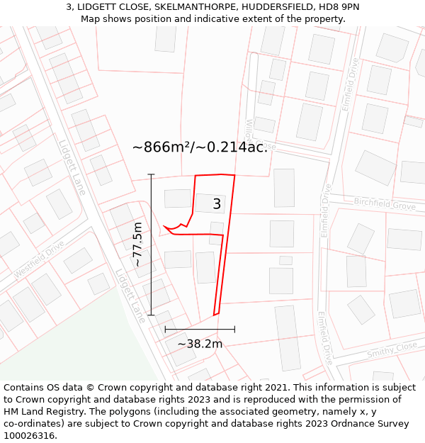 3, LIDGETT CLOSE, SKELMANTHORPE, HUDDERSFIELD, HD8 9PN: Plot and title map
