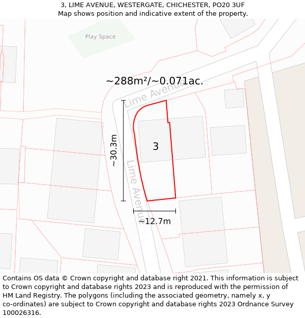 3, LIME AVENUE, WESTERGATE, CHICHESTER, PO20 3UF: Plot and title map