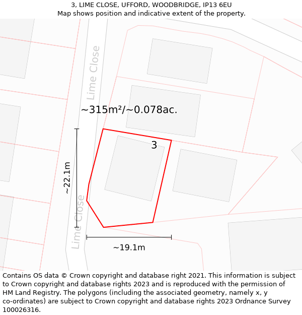 3, LIME CLOSE, UFFORD, WOODBRIDGE, IP13 6EU: Plot and title map