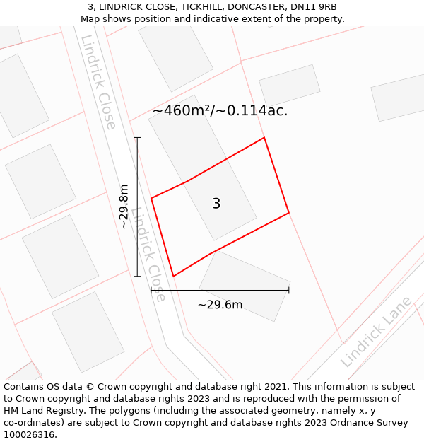 3, LINDRICK CLOSE, TICKHILL, DONCASTER, DN11 9RB: Plot and title map