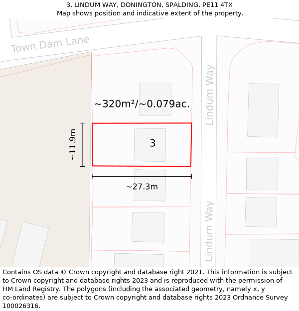 3, LINDUM WAY, DONINGTON, SPALDING, PE11 4TX: Plot and title map