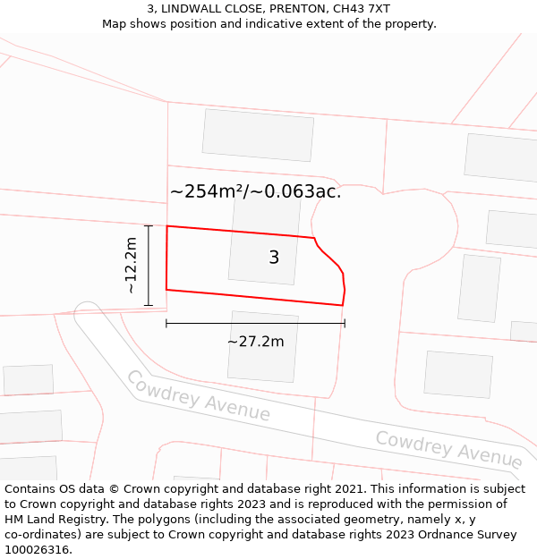 3, LINDWALL CLOSE, PRENTON, CH43 7XT: Plot and title map