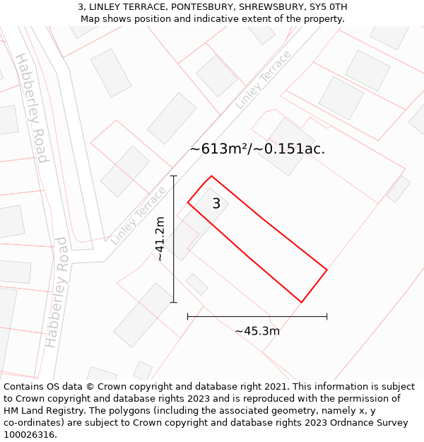 3, LINLEY TERRACE, PONTESBURY, SHREWSBURY, SY5 0TH: Plot and title map