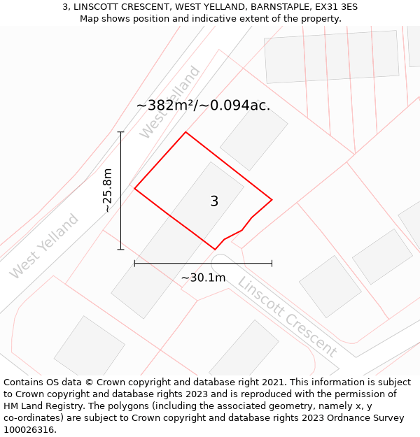 3, LINSCOTT CRESCENT, WEST YELLAND, BARNSTAPLE, EX31 3ES: Plot and title map