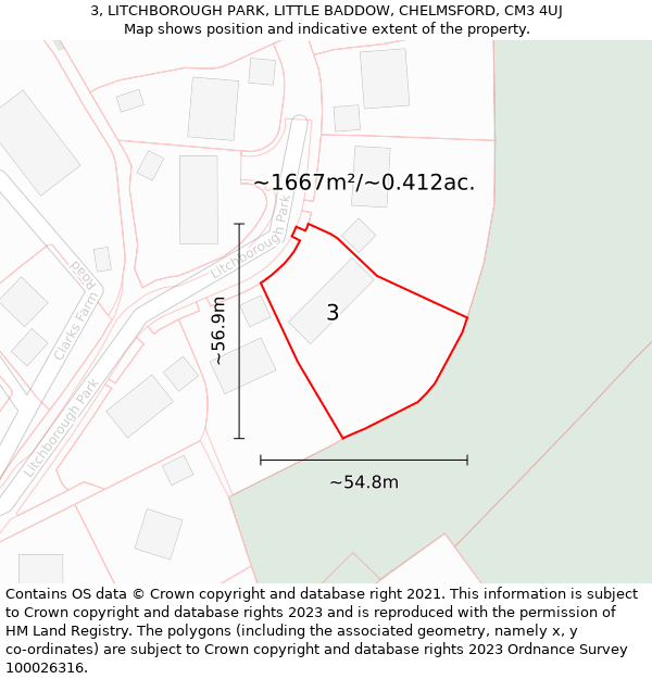 3, LITCHBOROUGH PARK, LITTLE BADDOW, CHELMSFORD, CM3 4UJ: Plot and title map