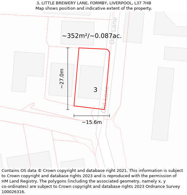 3, LITTLE BREWERY LANE, FORMBY, LIVERPOOL, L37 7HB: Plot and title map