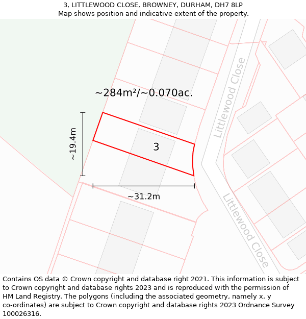 3, LITTLEWOOD CLOSE, BROWNEY, DURHAM, DH7 8LP: Plot and title map
