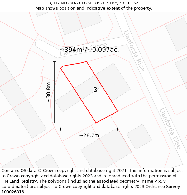 3, LLANFORDA CLOSE, OSWESTRY, SY11 1SZ: Plot and title map