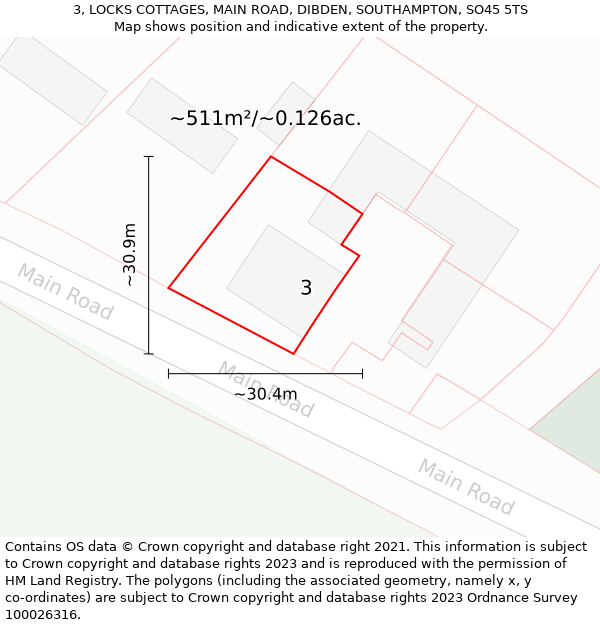 3, LOCKS COTTAGES, MAIN ROAD, DIBDEN, SOUTHAMPTON, SO45 5TS: Plot and title map