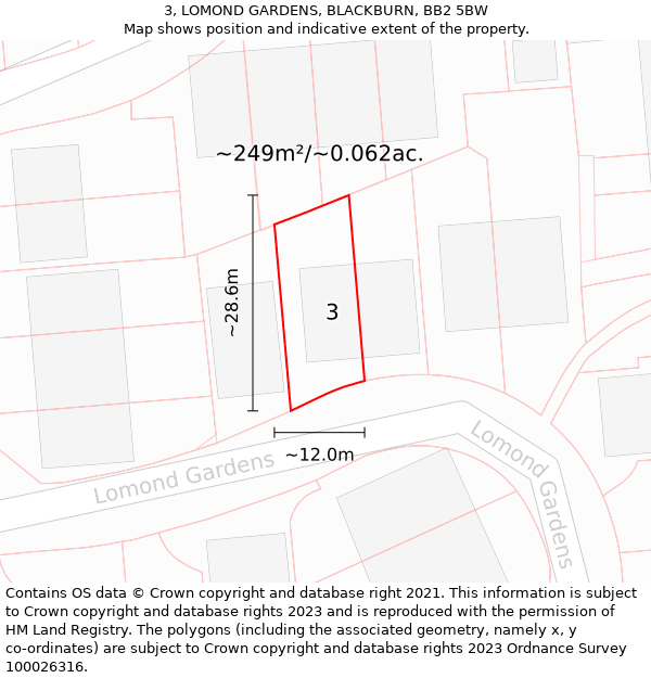 3, LOMOND GARDENS, BLACKBURN, BB2 5BW: Plot and title map