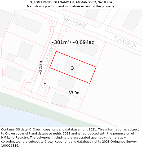 3, LON LLWYD, GLANAMMAN, AMMANFORD, SA18 2FA: Plot and title map