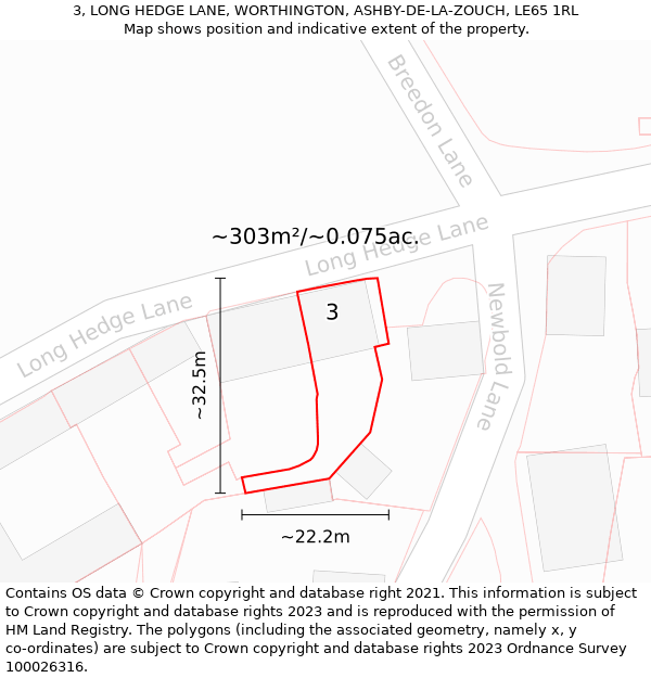 3, LONG HEDGE LANE, WORTHINGTON, ASHBY-DE-LA-ZOUCH, LE65 1RL: Plot and title map