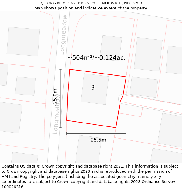 3, LONG MEADOW, BRUNDALL, NORWICH, NR13 5LY: Plot and title map