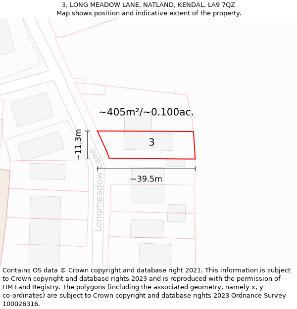 3, LONG MEADOW LANE, NATLAND, KENDAL, LA9 7QZ: Plot and title map