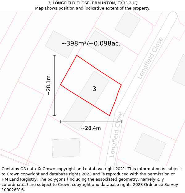 3, LONGFIELD CLOSE, BRAUNTON, EX33 2HQ: Plot and title map