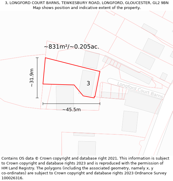 3, LONGFORD COURT BARNS, TEWKESBURY ROAD, LONGFORD, GLOUCESTER, GL2 9BN: Plot and title map