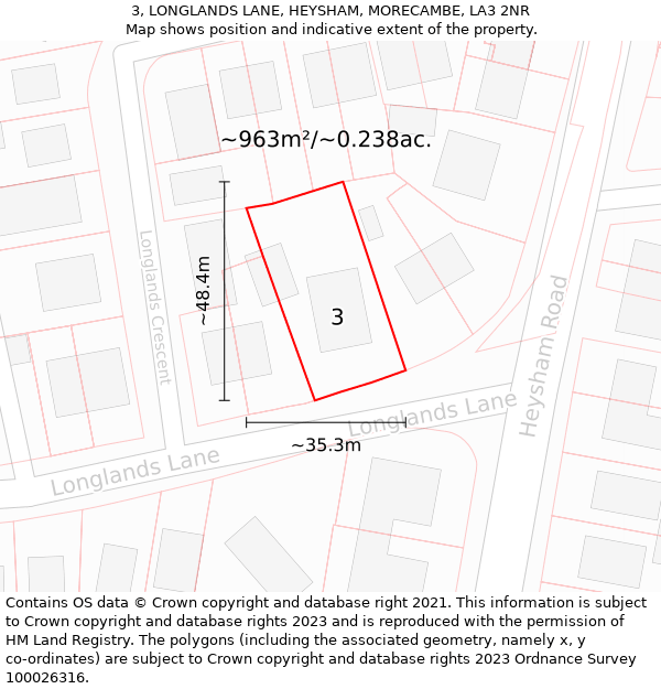 3, LONGLANDS LANE, HEYSHAM, MORECAMBE, LA3 2NR: Plot and title map