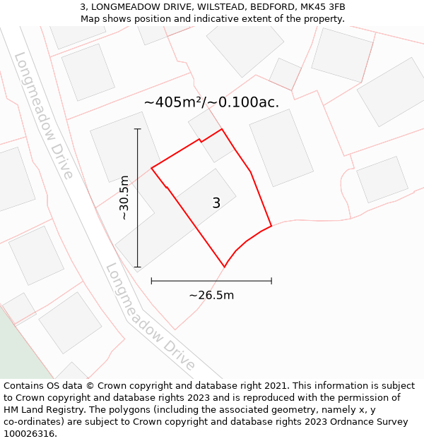 3, LONGMEADOW DRIVE, WILSTEAD, BEDFORD, MK45 3FB: Plot and title map