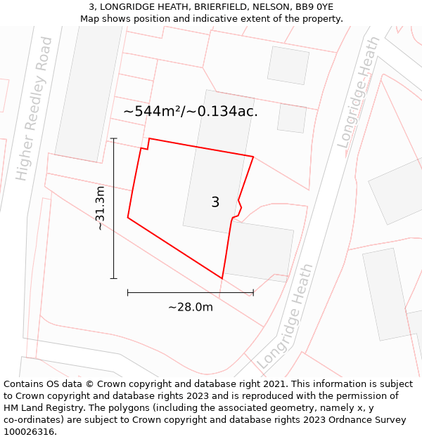 3, LONGRIDGE HEATH, BRIERFIELD, NELSON, BB9 0YE: Plot and title map